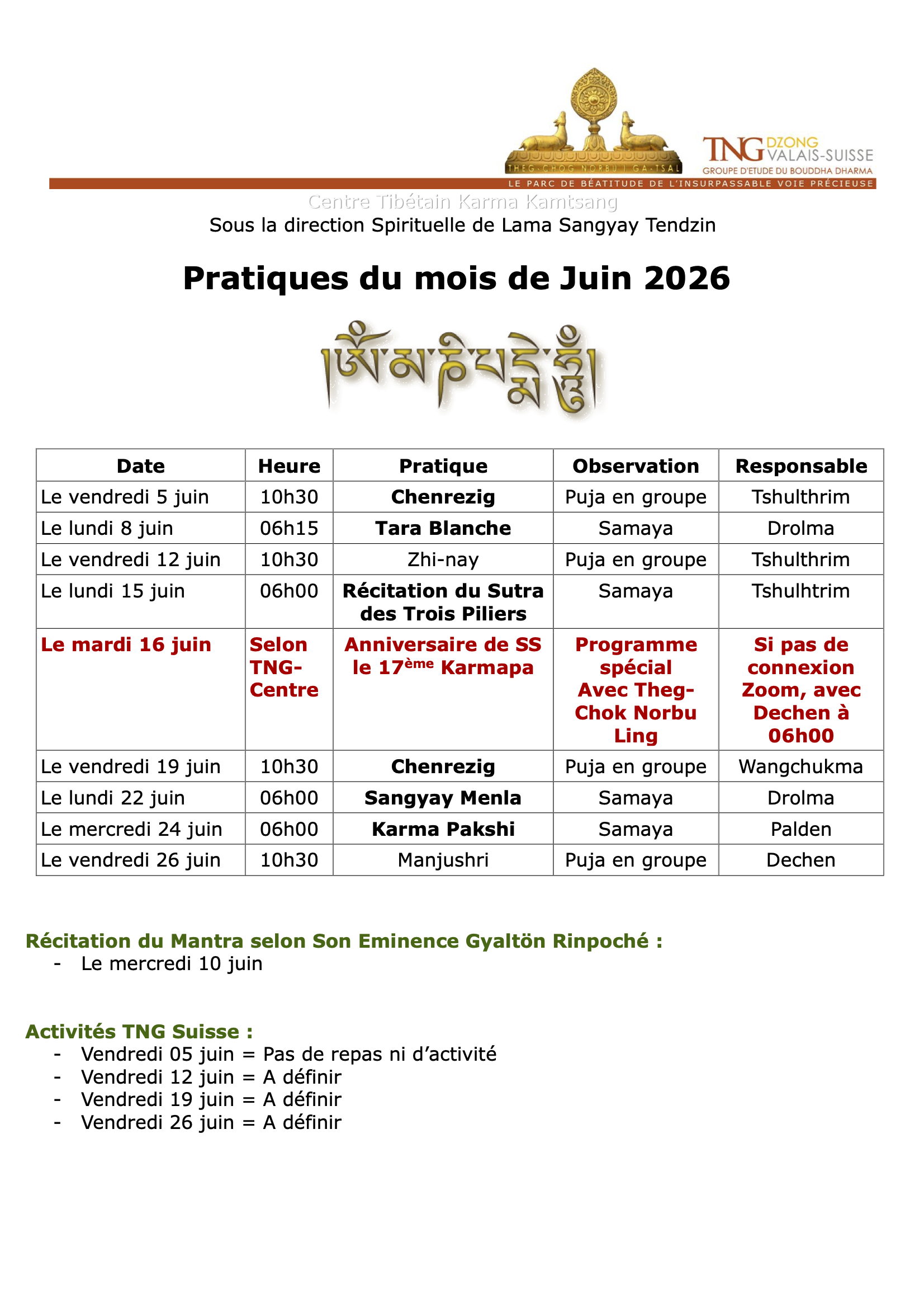 PROGRAMME DU MOIS Image